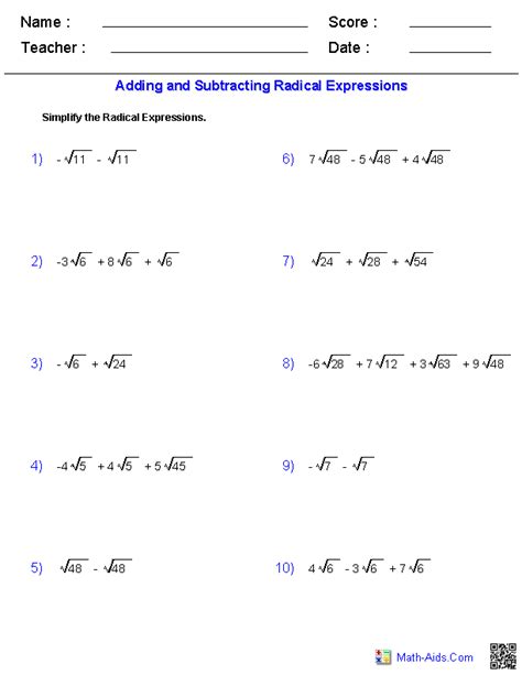 adding and subtracting radicals worksheet with variables